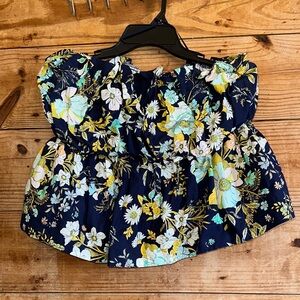 By Anthropologie Navy Floral Ruffle Tube Top with Smocked Back